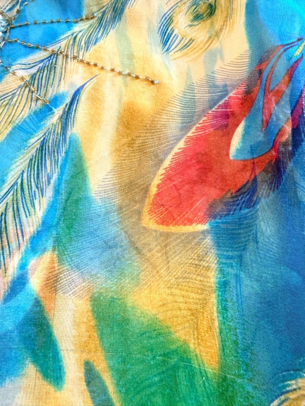 Vintage Anis A 100% Silk Tunic Dress L Beaded Feather Print Boho Resort Luxe - Picture 10 of 14